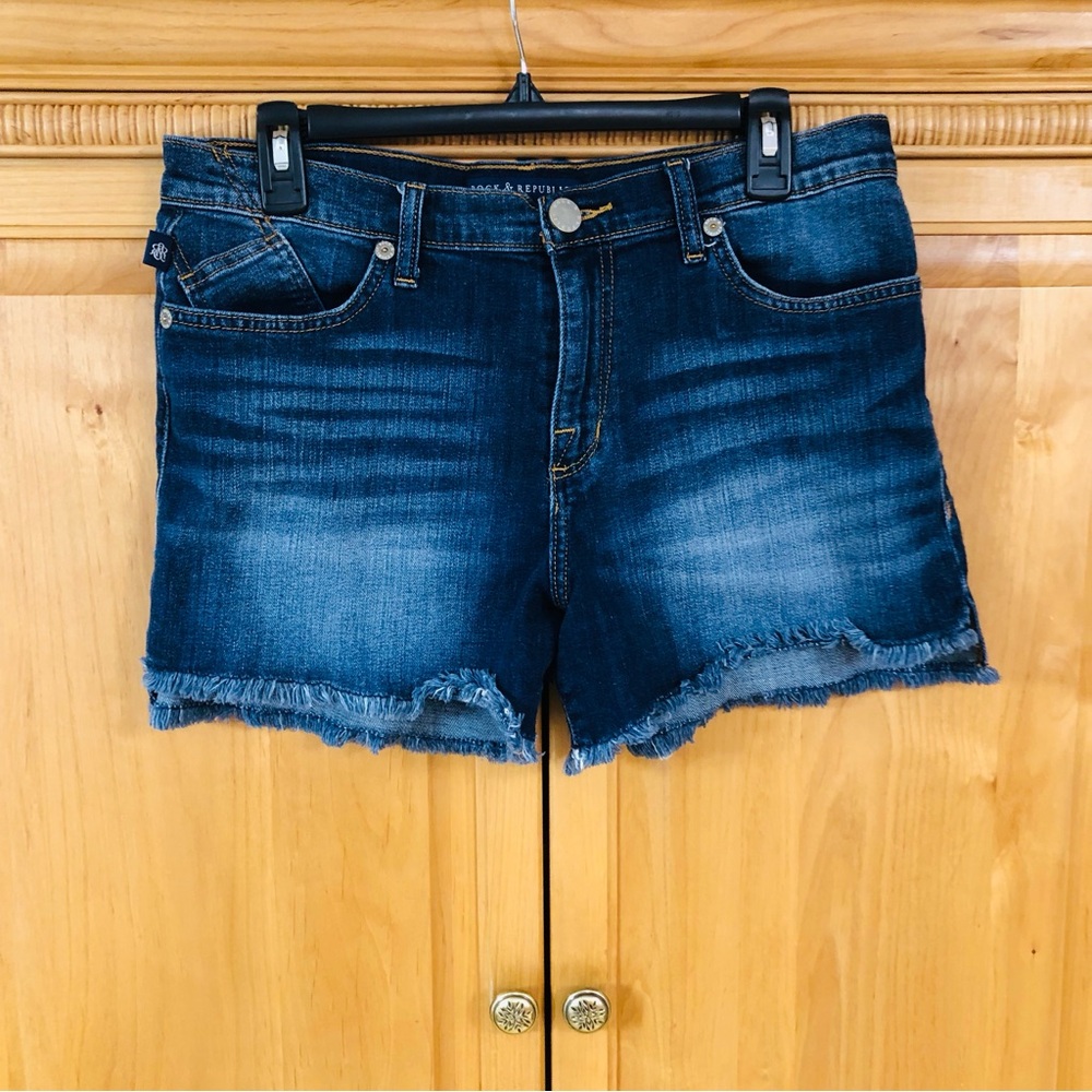 Rock & Republic Medium Dark Blue Distressed Denim Shorts